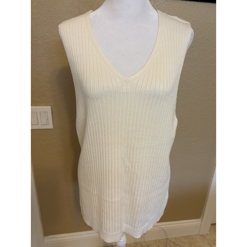 Soft Surroundings V Neck Sleeveless‎ Ribbed Knit Top, Ivory, 1x